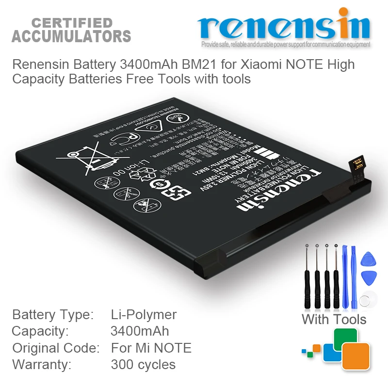 

Аккумулятор Renensin 3400 мАч BM21 для Xiaomi NOTE, батареи большой емкости, бесплатные инструменты с инструментами