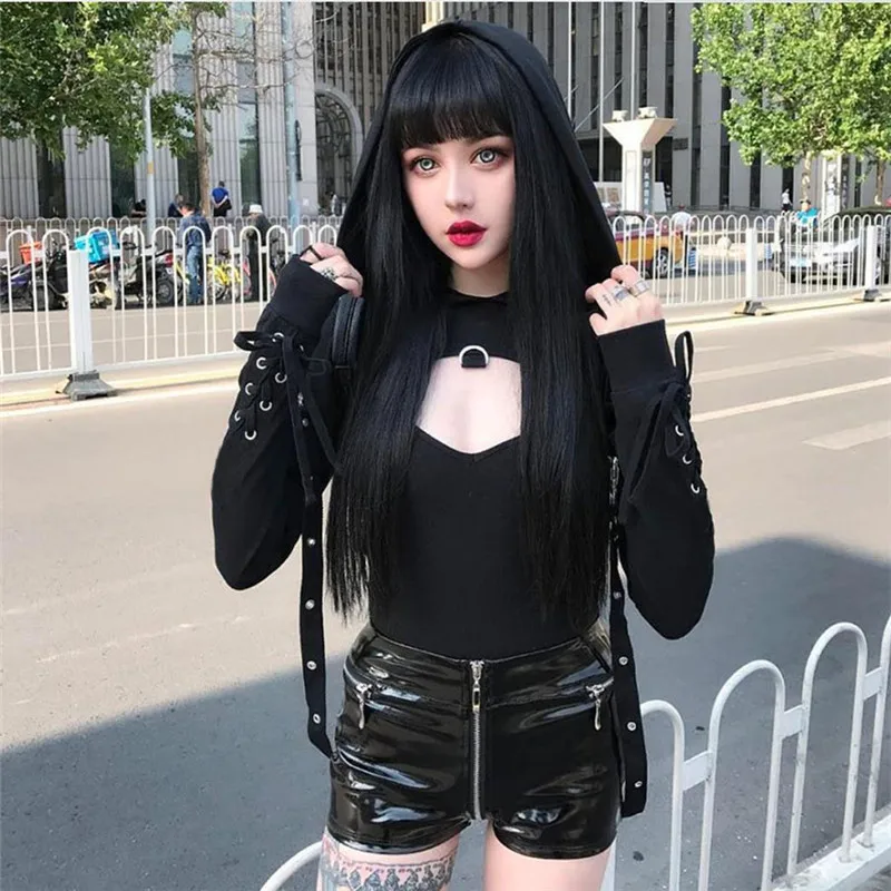 

Gothic Women Black Loose Pullover Streetwear Bandage Long Sleeve Hoodie Female