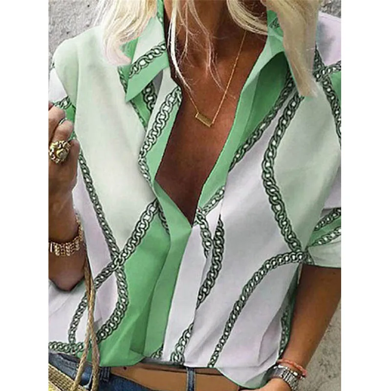 Chain Green Весенняя женская блузка для отдыха, топы, женские офисные блузки с цепным принтом, женские стильные блузки с длинным рукавом, женские 5XL - Цвет: Chain Green