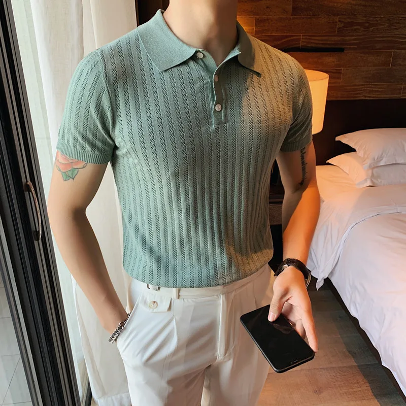 

High Quality Summer Ice Silk Short Sleeve Knitted Polo Shirt Men Clothing 2021 Turn Down Collar Slim Fit Casual Tee Shirt Homme