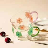 500ml japanese glass milk mug with spoon flower pattern breakfast oats mug home kitchen coffee handgrip cup large capacity