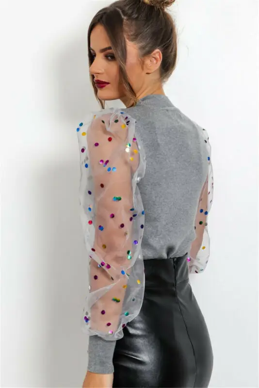 

Women New Fashion Lace Mesh Sheer See-through Long Puff Sleeve Turtleneck Tops Base Shirts Colorful Dots Casual Blouse