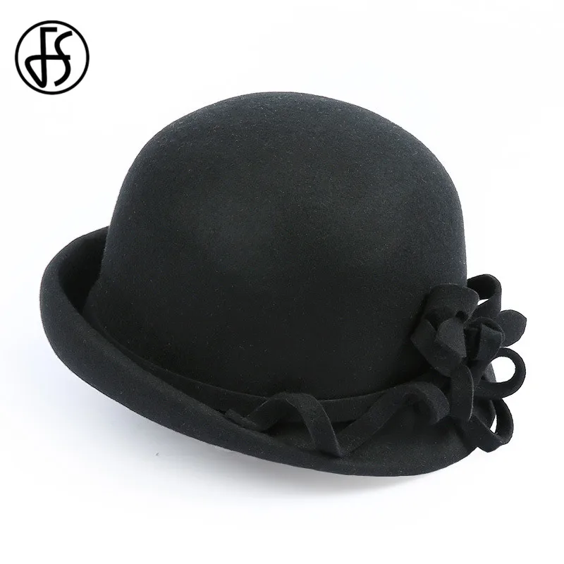Женская винтажная фетровая шляпка FS черная шерстяная с цветочным рисунком на