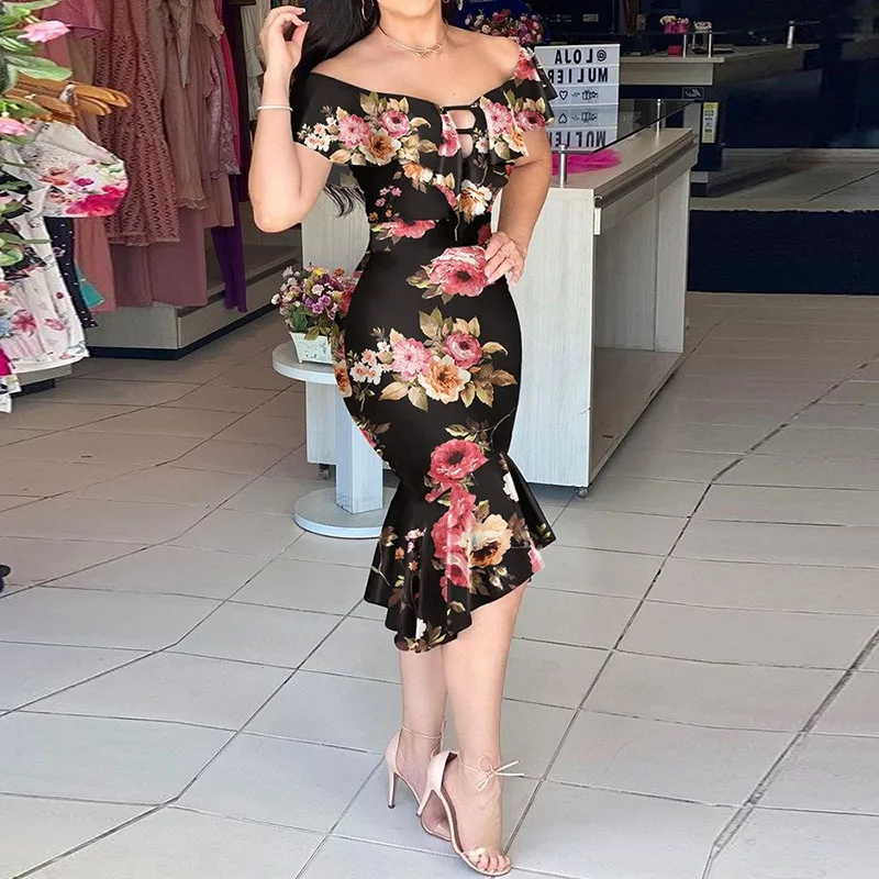 

Spring Women Floral Print Party Dress Autumn Sexy Slash Neck Butterfly Sleeve Ruffle Office Dress Retro Lady Backless Vestidos