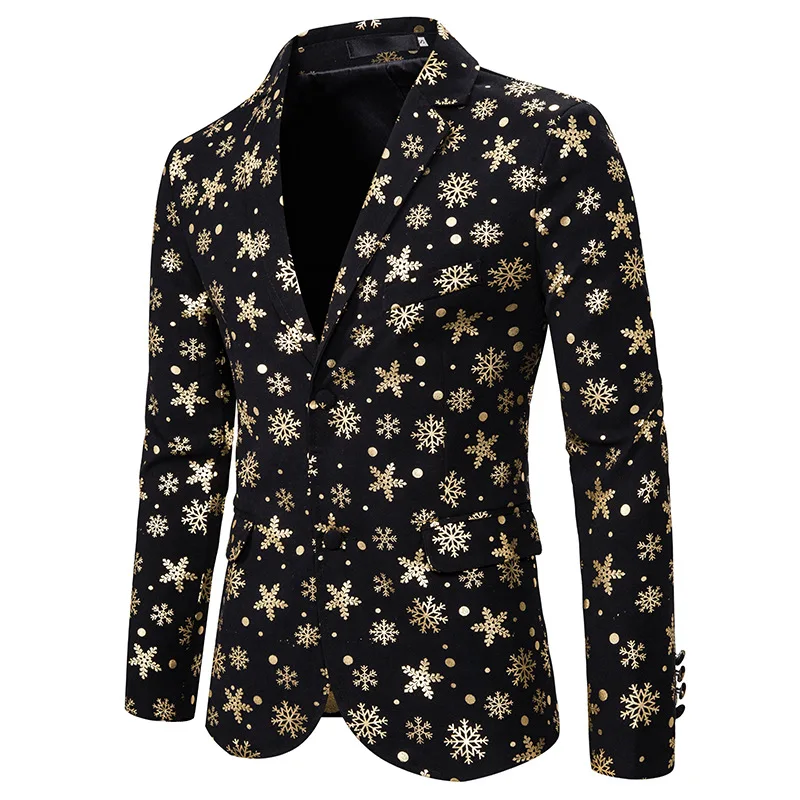 

White Snowflake Pattern Male Christmas Party Slim Fit Blazer Jacket Men's Personalized Design Singer Stage Performance Costumes