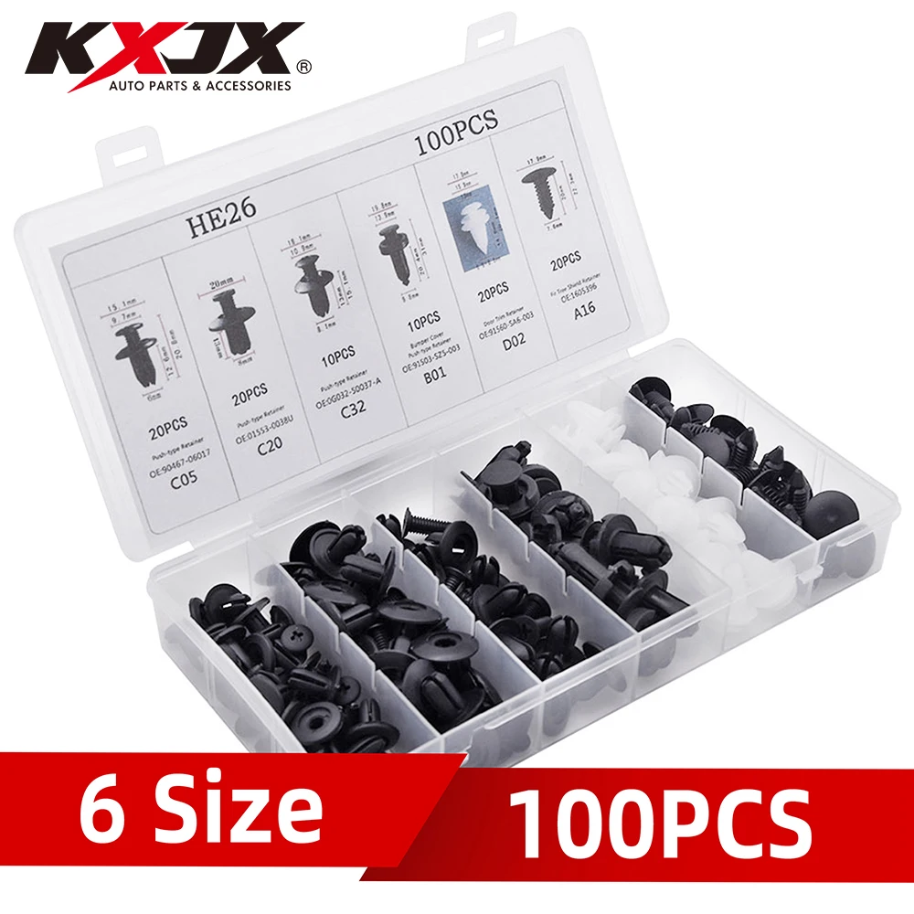 

100pcs 6Size Car Accessory Mixed Auto Fastener Clip Body Push Retainer Pin Rivet Bumper Door Trim Panel Fastener Kit for Toyota