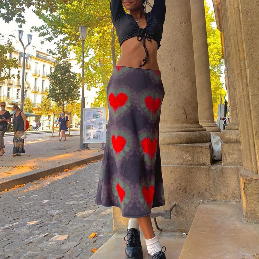 

Summer Women Long Skirt Bag Hip Heart Printed High Waist Female Dress Sexy Casual Streetwear Ladies New Fashion A Line Bottom