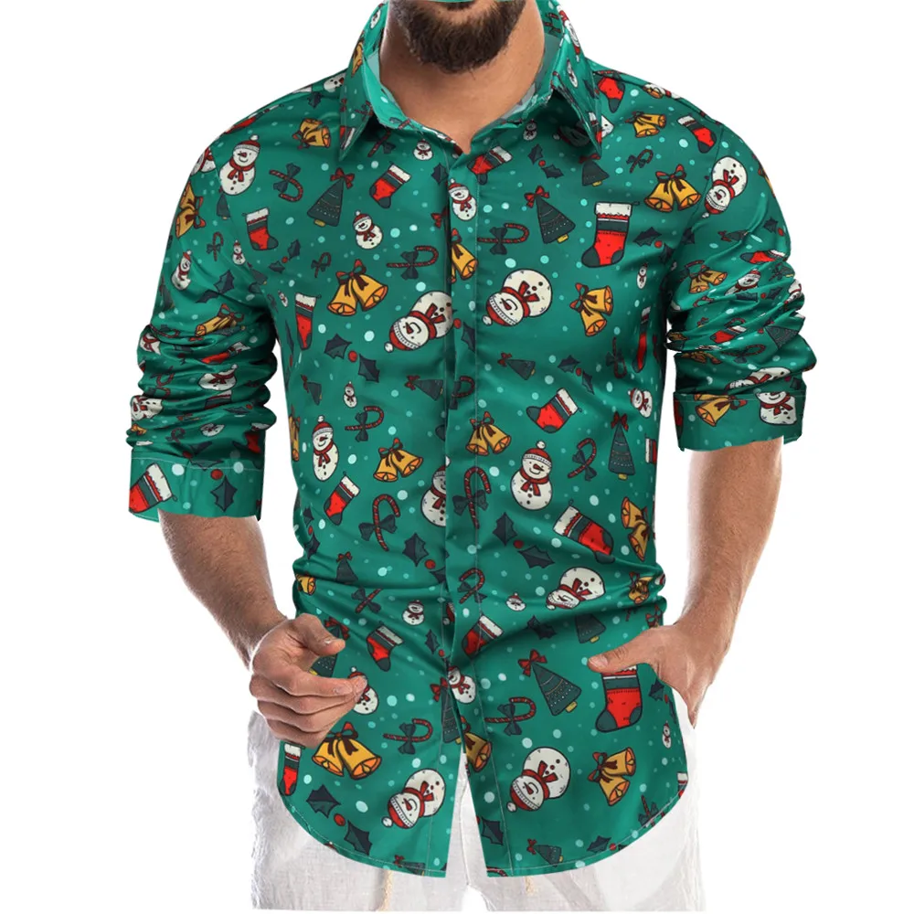 

Merry Christmas Mens Long Sleeve Print Shirt 3D Graphics Tops Casual T-Shirt Lapel Button Blouse Fashion Clothes Xmas Tee Shirt