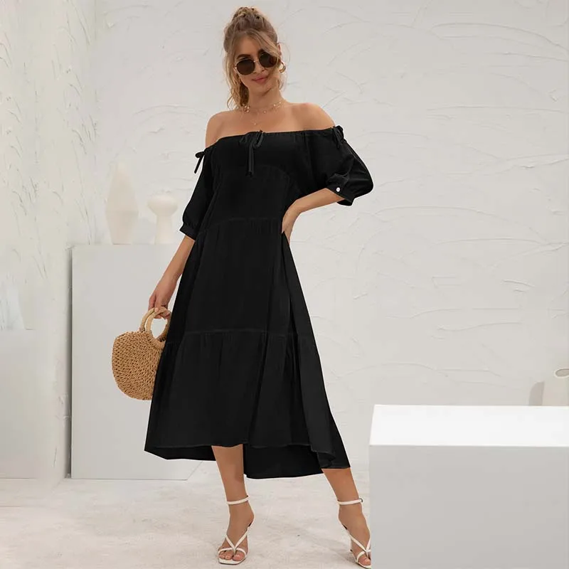 

Women Solid Color Dress Slash Neck Off Shoulder Long Sleeve A Line Dresses Female Summer Folds Elegant Evening Party Dress