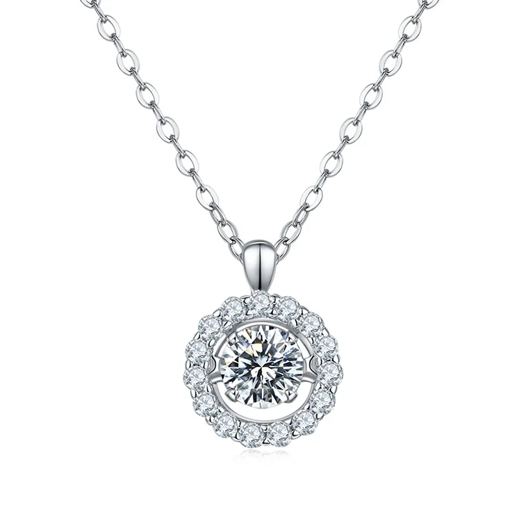 

Anu 0.5ct D Color Moissanite Diamond 18K White Gold Plated Classic Dancing Pendant 40+2+3 Necklace For Women Wholesale