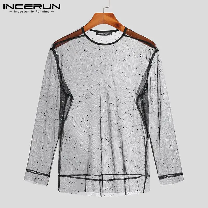 

New Men's Camiseta Casual Streetwear Sexy Loose Buttons Tees Glitter Plate Long-sleeved Party T-shirts S-5XL INCERUN Tops 2021