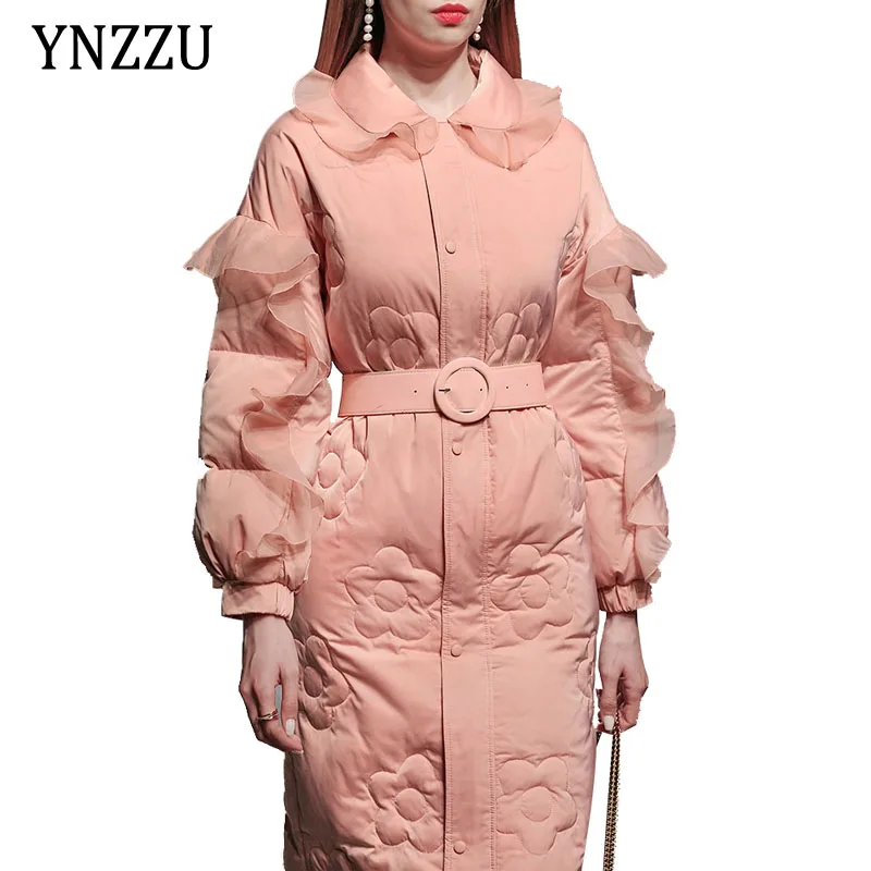 

Romantic Floral Long down jacket 2021 Winter Women Solid Lantern sleeve ruffle Female Down coat with belt Outwear YNZZU 1O223