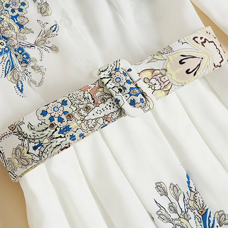 

2020 Autumn Hot Selling Dress High Quality Women Turn-down Collar Vintage National Style Print 3/4 Sleeve Mid-Calf Dress Shirts