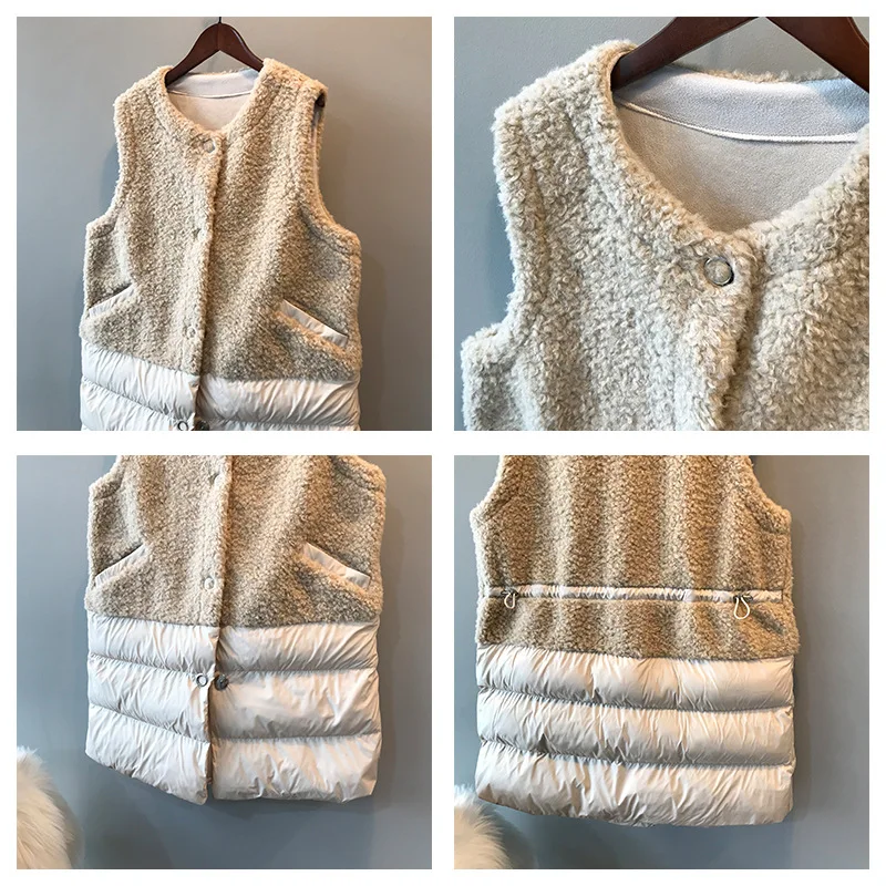 2019 new lambs wool splicing cotton vest women's medium long coat womens vests winter outerwear Spliced sleeveless |