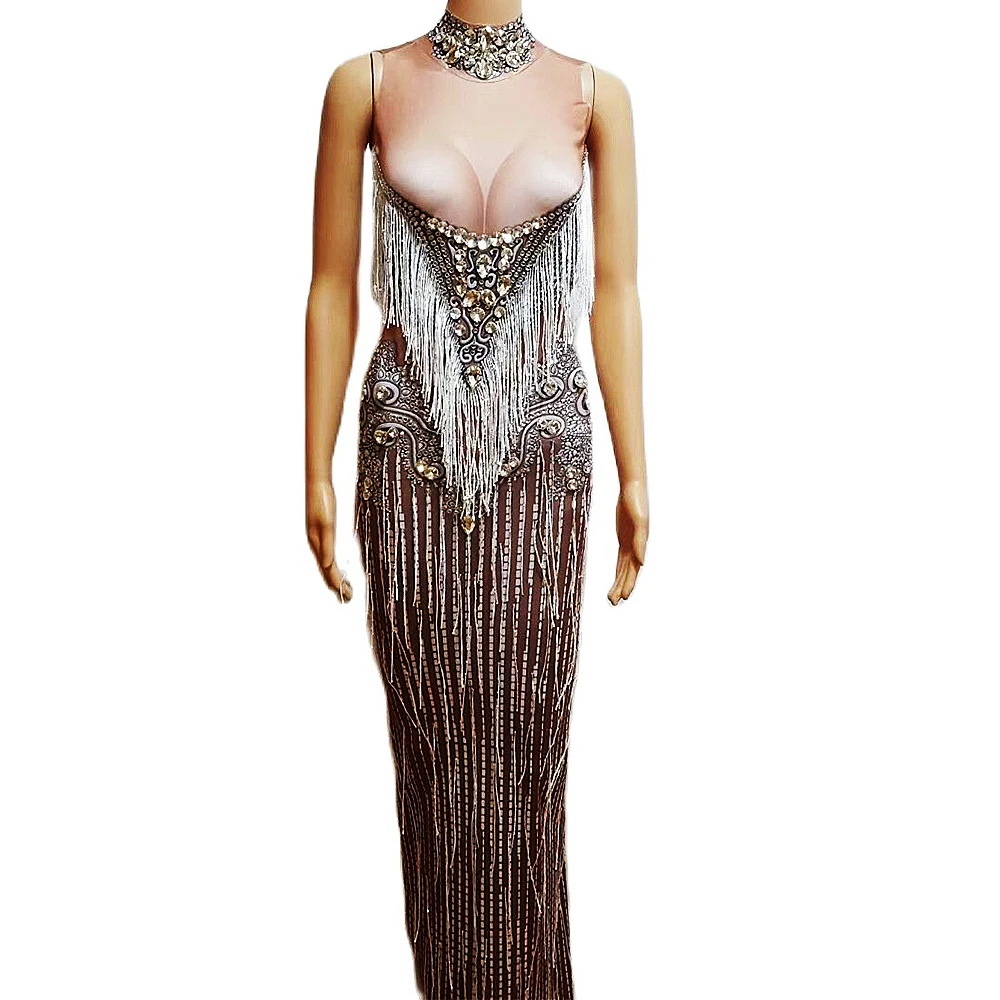 

Shining Diamonds Women Sleeveless Long Dress Evening Bodycon Dress Nightclub Bar Singer Show Stage Wear Jazz Dance Costume