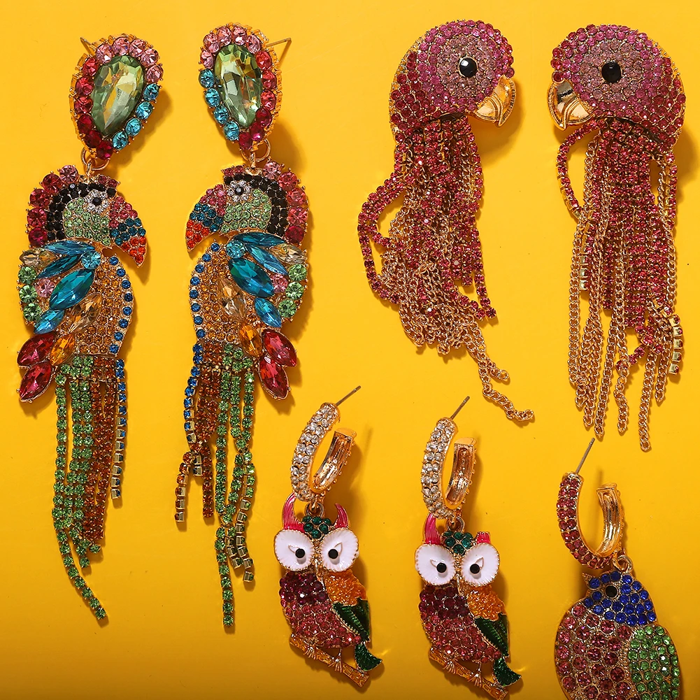 Dvacaman слоя с украшением в виде кристаллов птица серьги капель попугай Стразы Boho
