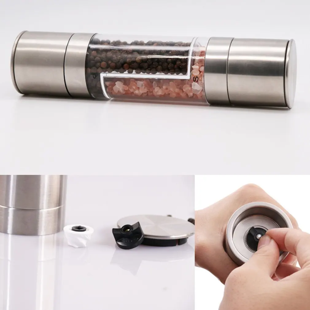 

HOT 2 In 1 Dual Chambers Stainless Steel Salt and Pepper Mill Manual Food Grinders Jar Containers Kitchen Adjustable Coarseness