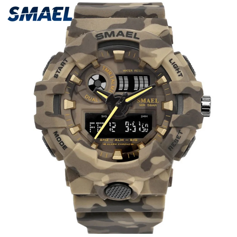 

SMAEL 8001 Camo Khaki Watches Men Army Military Digital Writwatch LED 50m Waterproof Men's Watch Clock Men's Electronic Watches