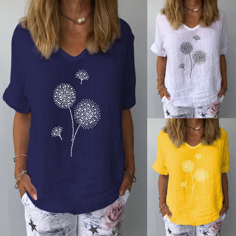 

Summer Cotton And Hemp Tops Women's Dandelion Print Short Sleeve T-shirts Casual V-neck Pullovers Top Fashion Street White Tees
