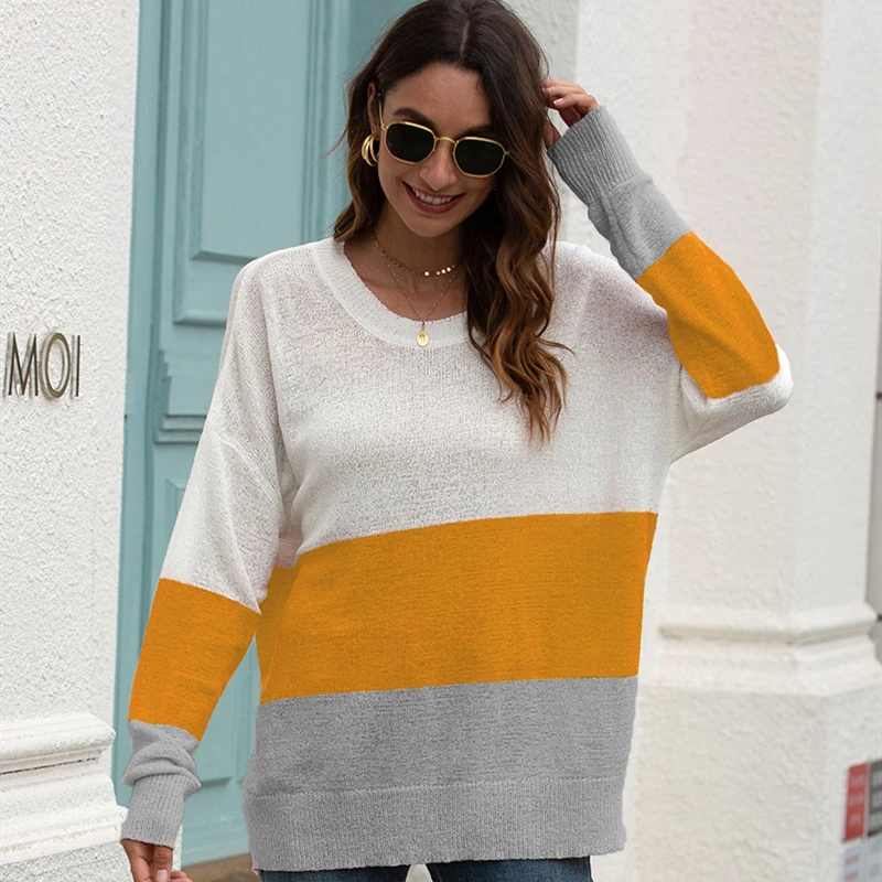 

Plus Size Sweaters Women 2020 Patchwork Loose Autumn Casual Knitted Lady Pullovers