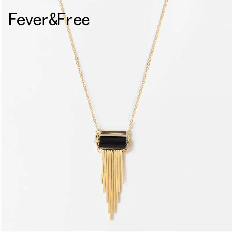 

Bohemian Style Tassel Necklace Simulated Black Natural Stone Pendant Necklaces Collar Vintage Gold Color Necklaces Jewelry