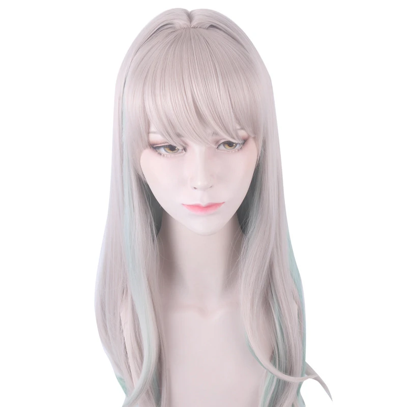 

Hanako-kun-peluca larga de Anime de 80cm para mujer, Cosplay de pelo de color gris con mezcla de pelo de Cyan para Halloween 1:1