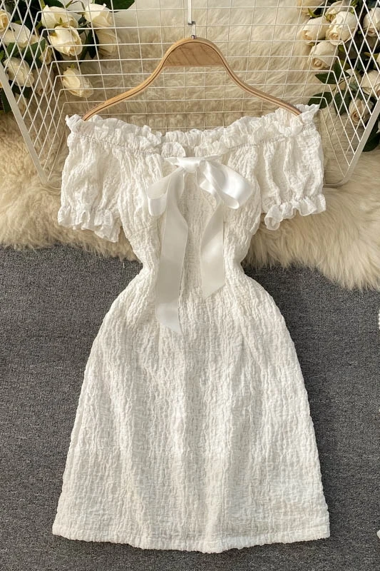 

Retro little French dress with wooden ears, shoulder short sleeves, slim slimming bowknot skirt tide