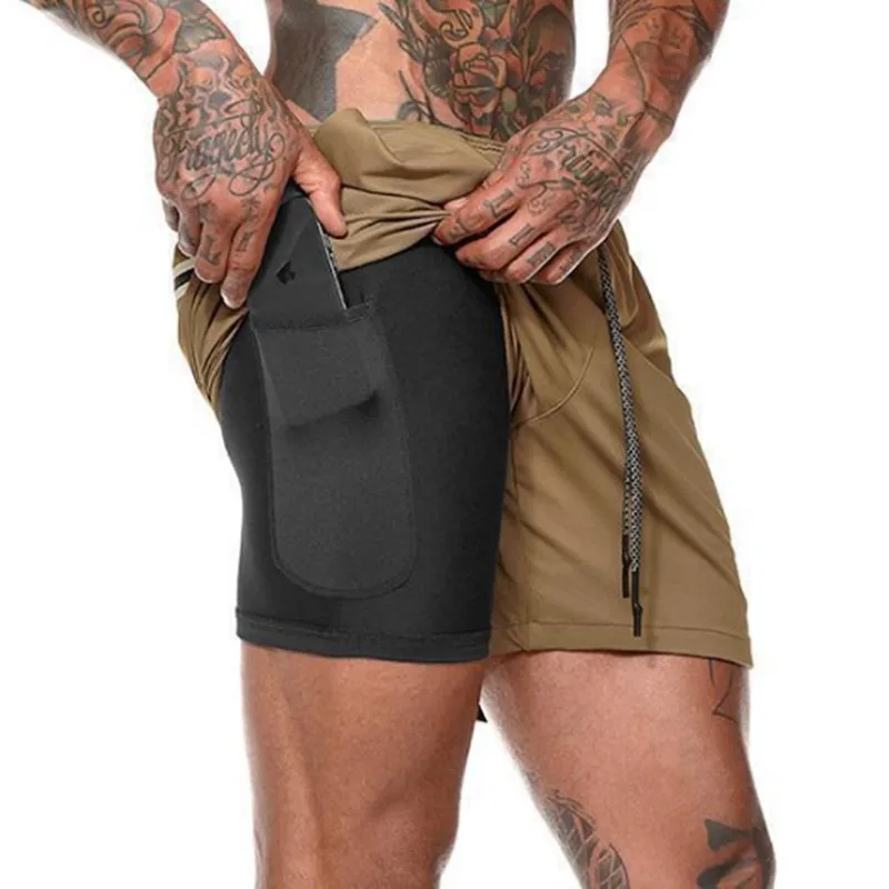

2021 new men's fitness bodybuilding shorts sports jogging gym training quick-drying men's clothing 2 in 1 casual solid
