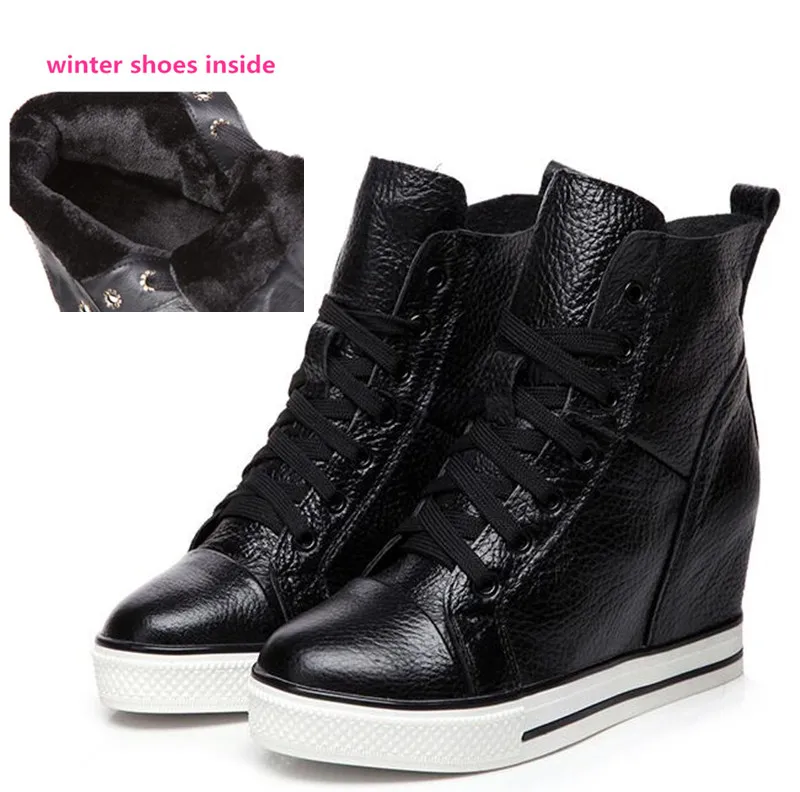 black winter shoes Новинка; сезон осень-зима; обувь из натуральной кожи с высоким берцем на шнуровке; женские кроссовки; обувь на высоком каблуке, увеличивающая рост; повседневная обувь на танкетке - Цвет: black winter shoes