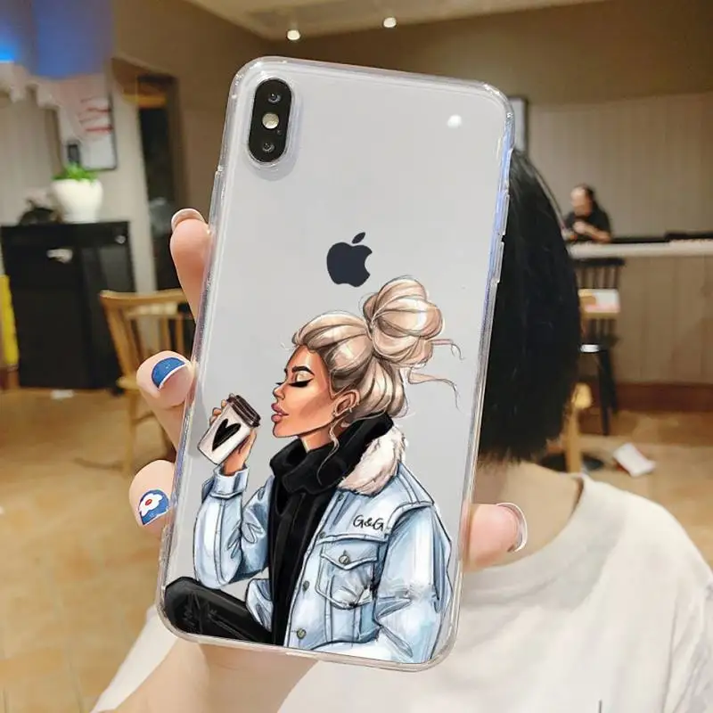 

Girls Female boss coffee pattern Phone Case Transparent soft For iphone 5 5s 5c se 6 6s 7 8 11 12 plus mini x xs xr pro max
