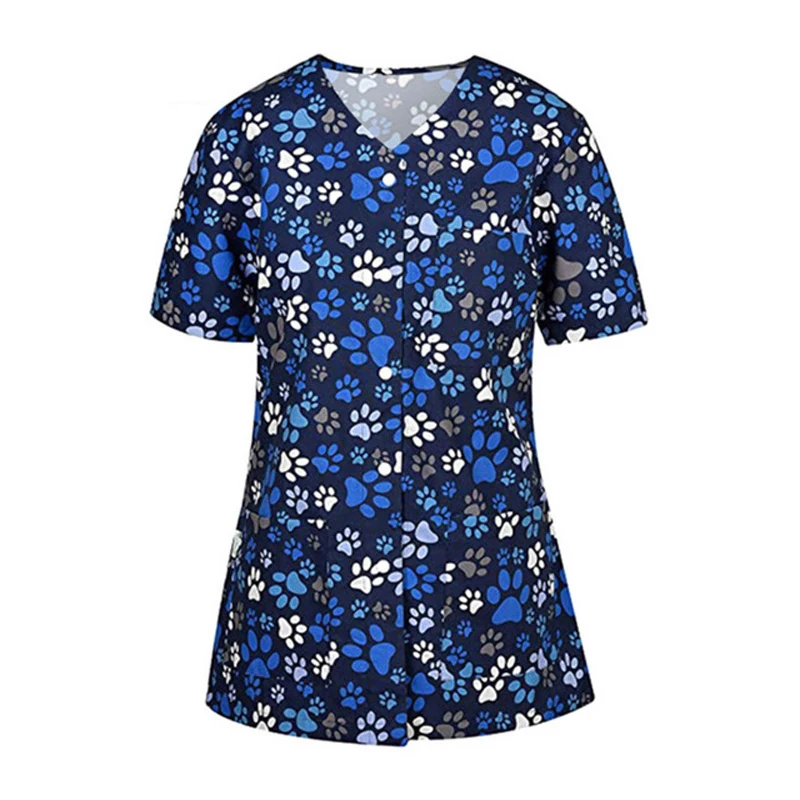 

Uniforme Enfermera New Women Animal Print Short Sleeve V-neck Tops Working Uniform Blouse Nurse Overalls q5