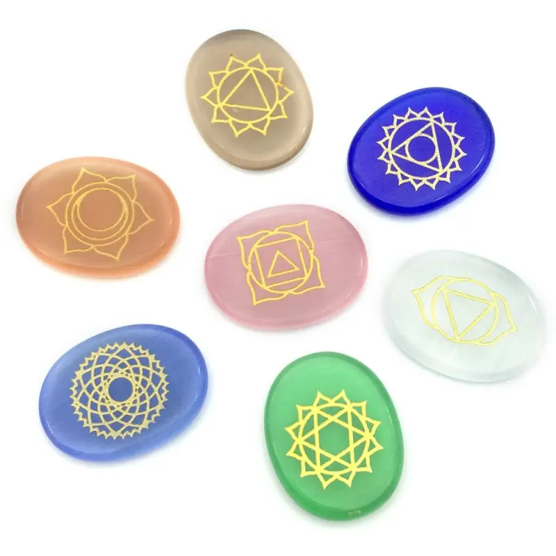 

High Quality Set Of 7 Chakra Stones Symbols Stone Set Palm Natural Stone Crystal Gemstones Fengshui Decor Reiki Healing