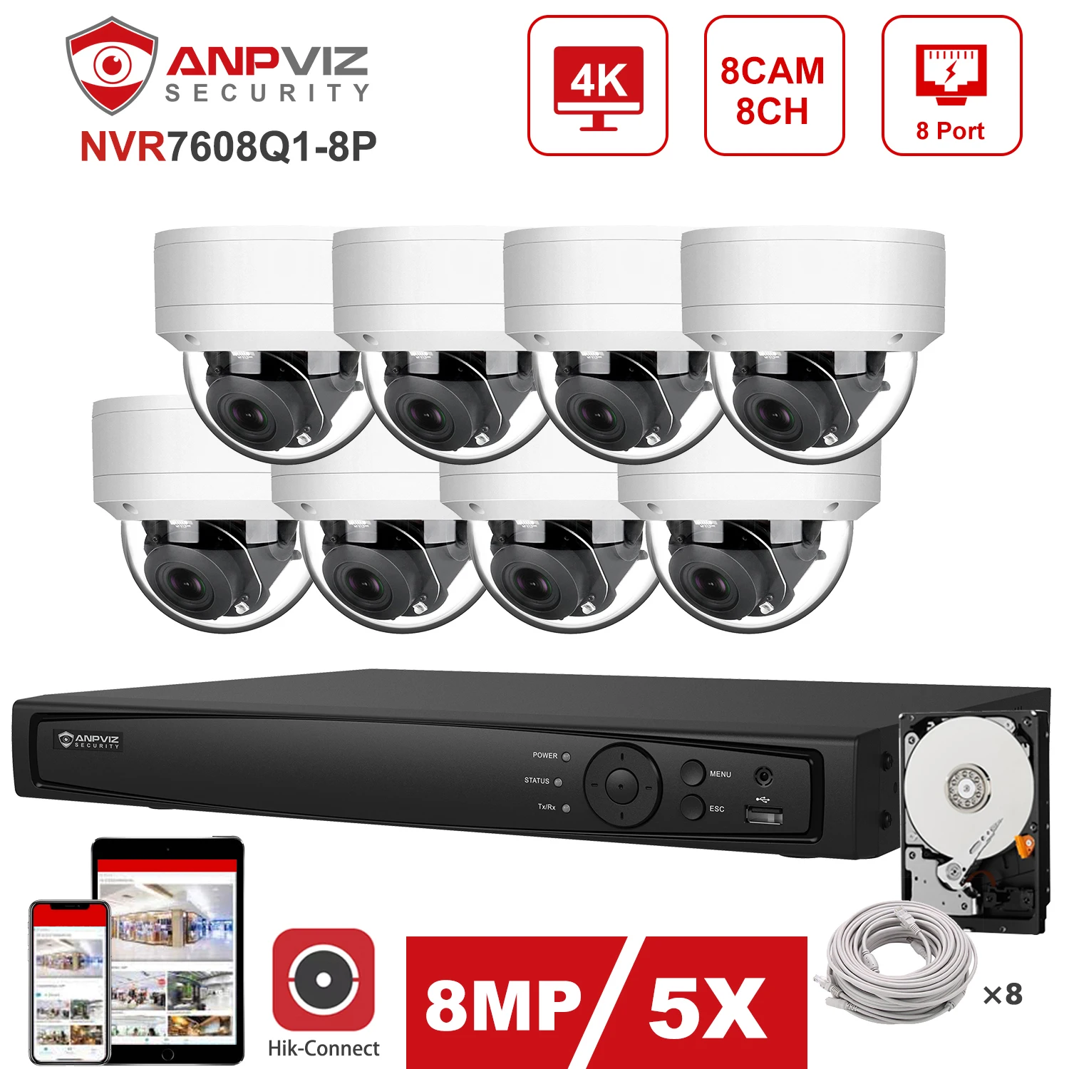 Hikvision-Kit de sistema de seguridad para exteriores, cámara IP de 8MP, 8 canales, 4K, NVR, Anpviz, IP, PTZ, Zoom 5X, POE, IP, Audio, CCTV, P2P, vista H.265