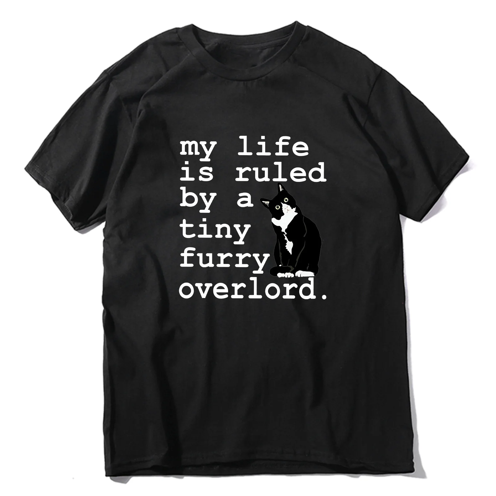 

Black Cat My Life Is Ruled By A Tiny Furry Overlord Funny Summer Men's Novelty T-Shirt Unisex Humor Soft Tee