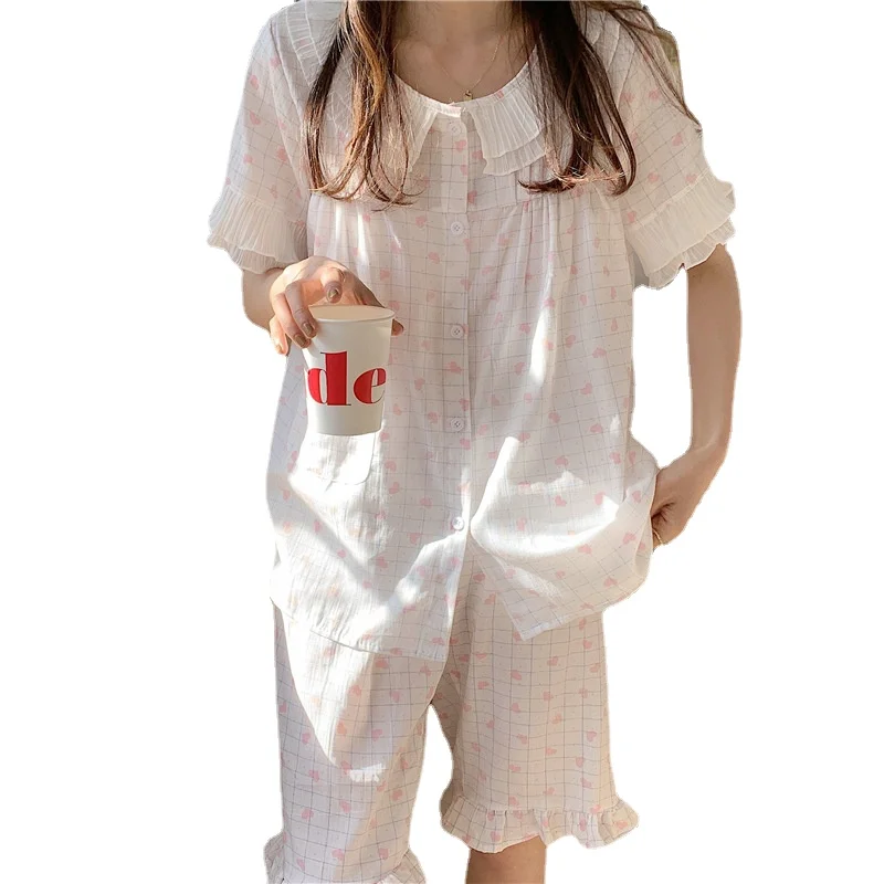 Cotton Pajamas Women 2021 Summer Sweet Lovely Cardigan Plaid Love Printing Cardigan Short Sleeve Pants Home Suit Sleepwear