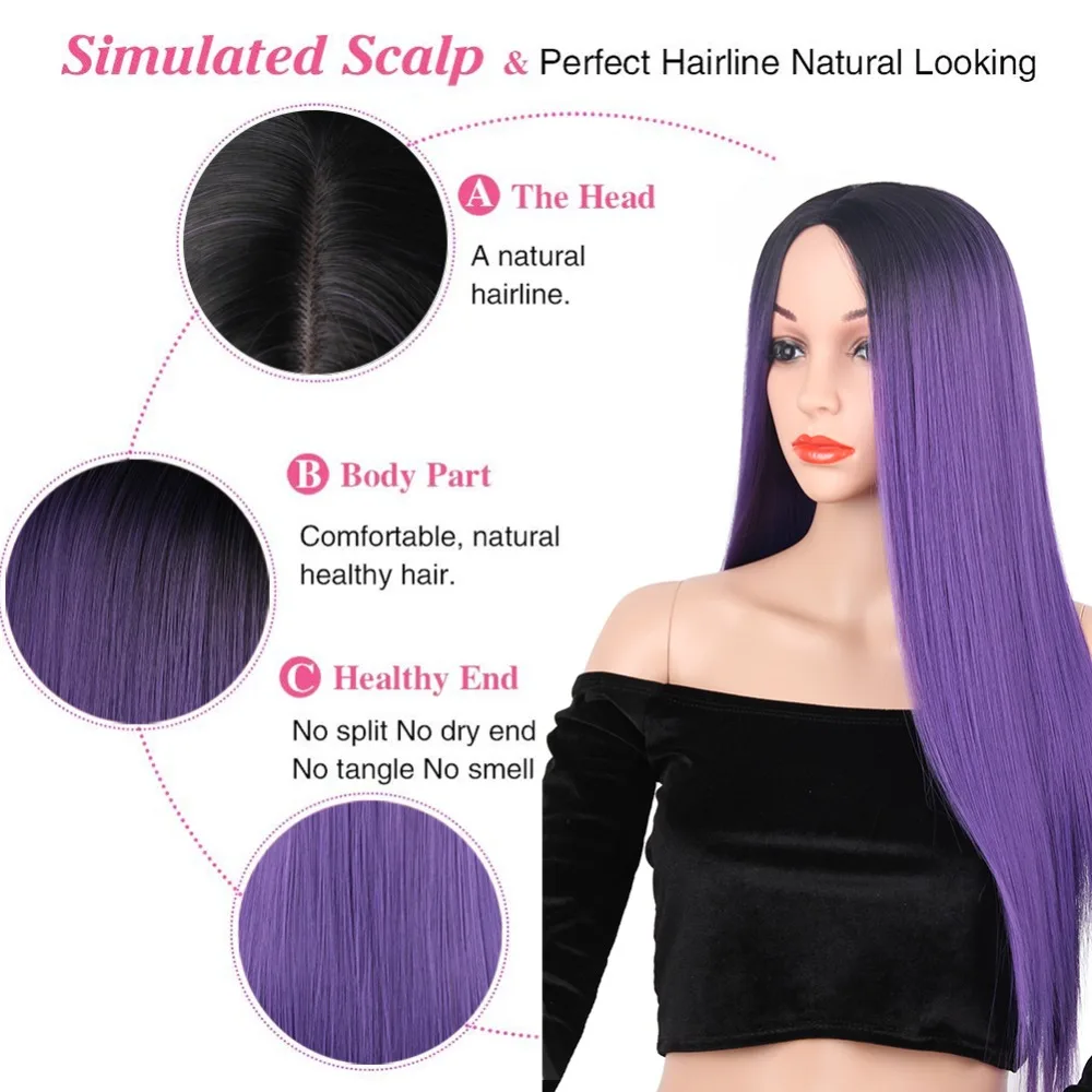 Длинные прямые парики из синтетических волос цвет синий фиолетовый термостойкий