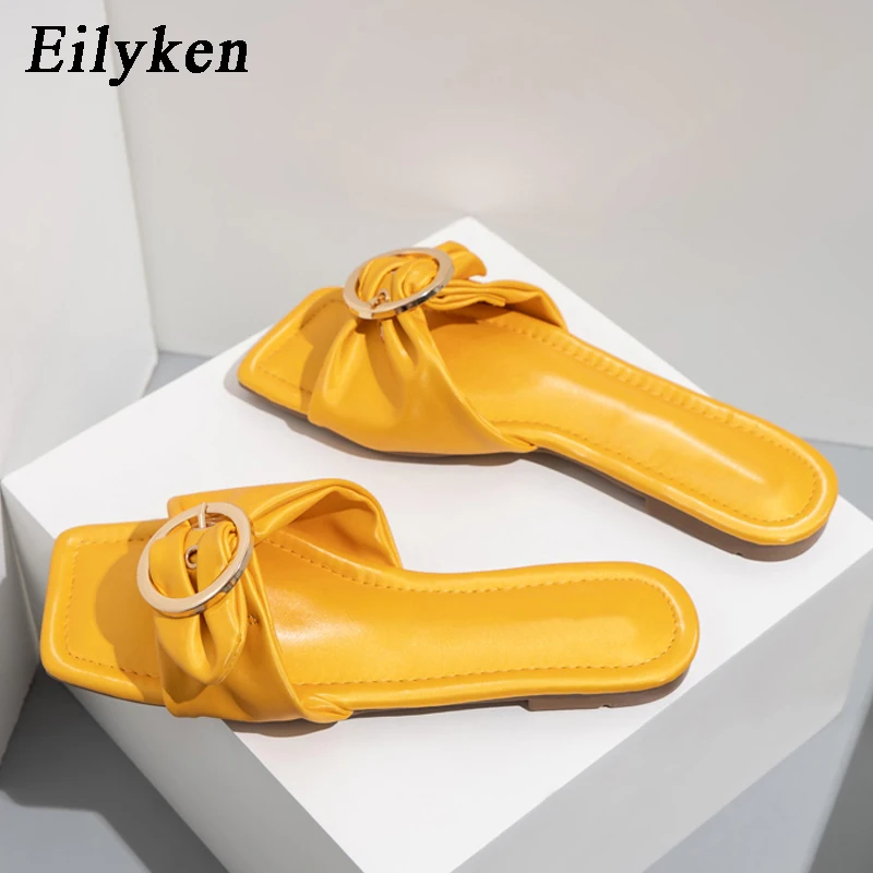 

Eilyken/высокое качество; Модные металлические декоративные тапочки с квадратным носком и пряжкой; Женские летние повседневные шлепанцы желто...