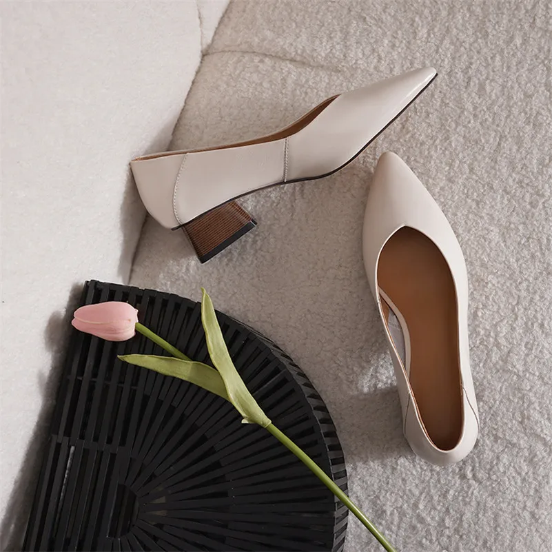 

Meotina Genuine Leather Med Heels Women Shoes Pointed Toe Block Heel Dress Pumps Office Ladies Footwear Spring Beige Big Size 42