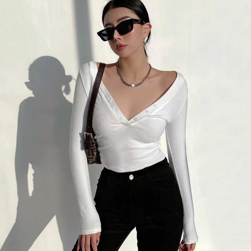 

Женский приталенный топ с V-образным вырезом и пуговицами спереди, сексуальная укороченная футболка с длинным рукавом