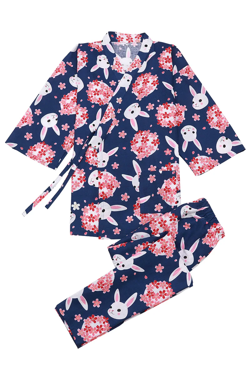 Японской традиции Стиль милые Сакура принт кролик детские пижамы со штанами