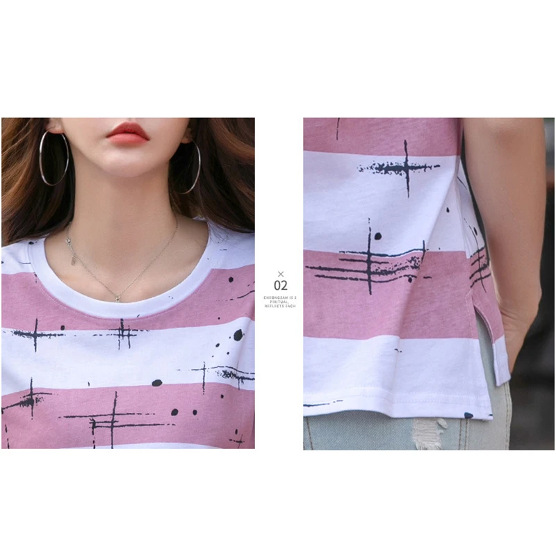 

Striped T Shirt Women 2021 Summer Cotton Vintage Woman Clothes Tshirt Female Short Sleeve T-Shirt Korean Style Tee Shirt Femme