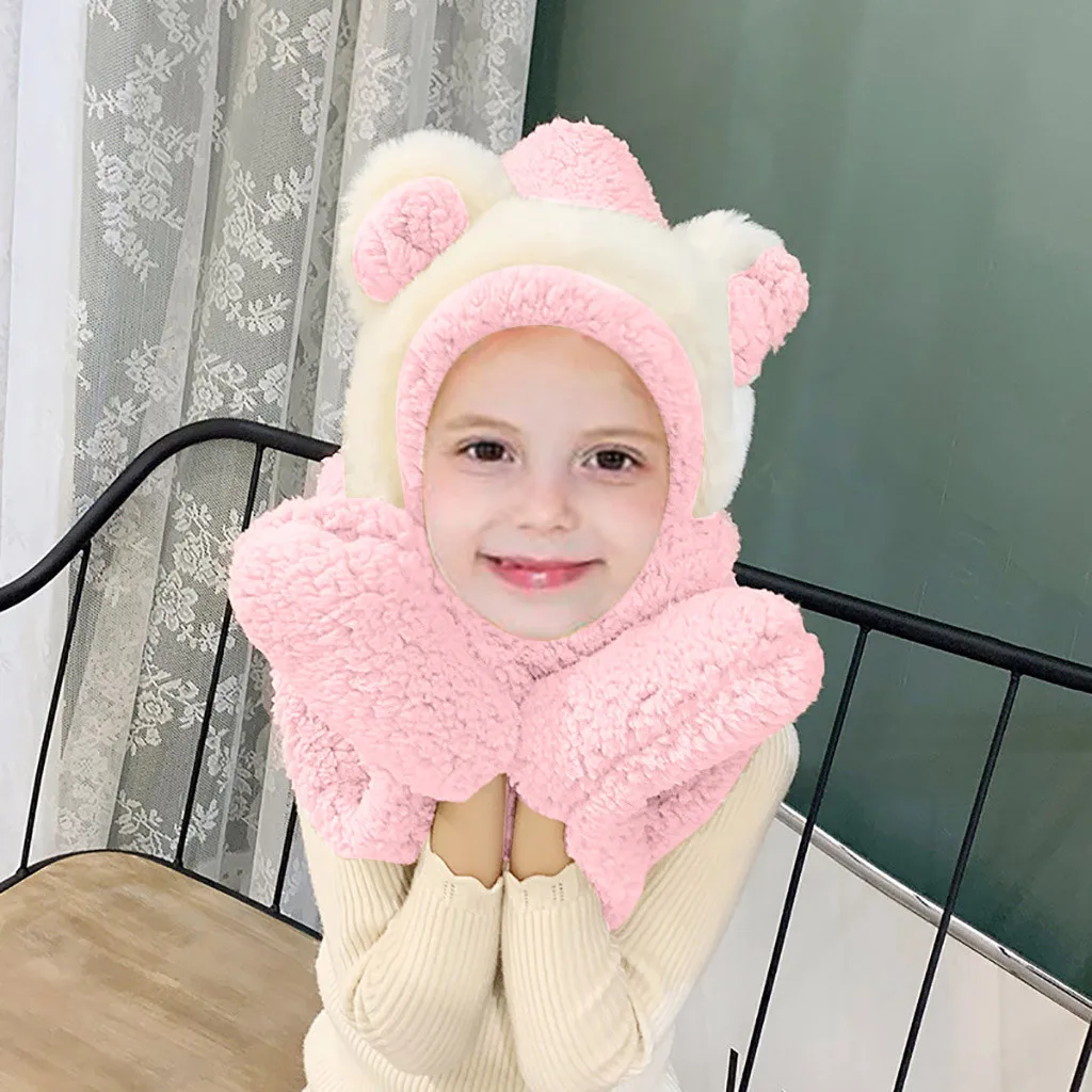 Новые детские Кепки 3 в 1 Детские зимние штаны теплый плюш с капюшоном шарф с ушками из искусственного меха снуд уха карман Шапки перчатки модная Толстая Шапки 19Oct16