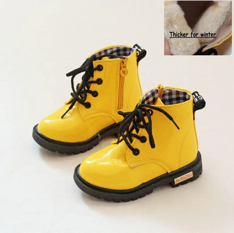 yellow with fleee Новинка; зимняя детская обувь из искусственной кожи; водонепроницаемые ботинки martin; детские зимние ботинки; брендовые резиновые сапоги для мальчиков и девочек; модная обувь; S - Цвет: yellow with fleee