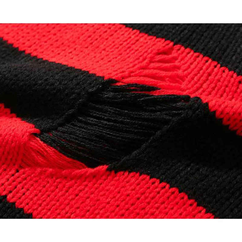 

Men Cut Hole Stripe Sweater Couple Korean Oversized Hip-Hop Lazy Style Knitting Round-neck Red Pullover Fashion Streetwear