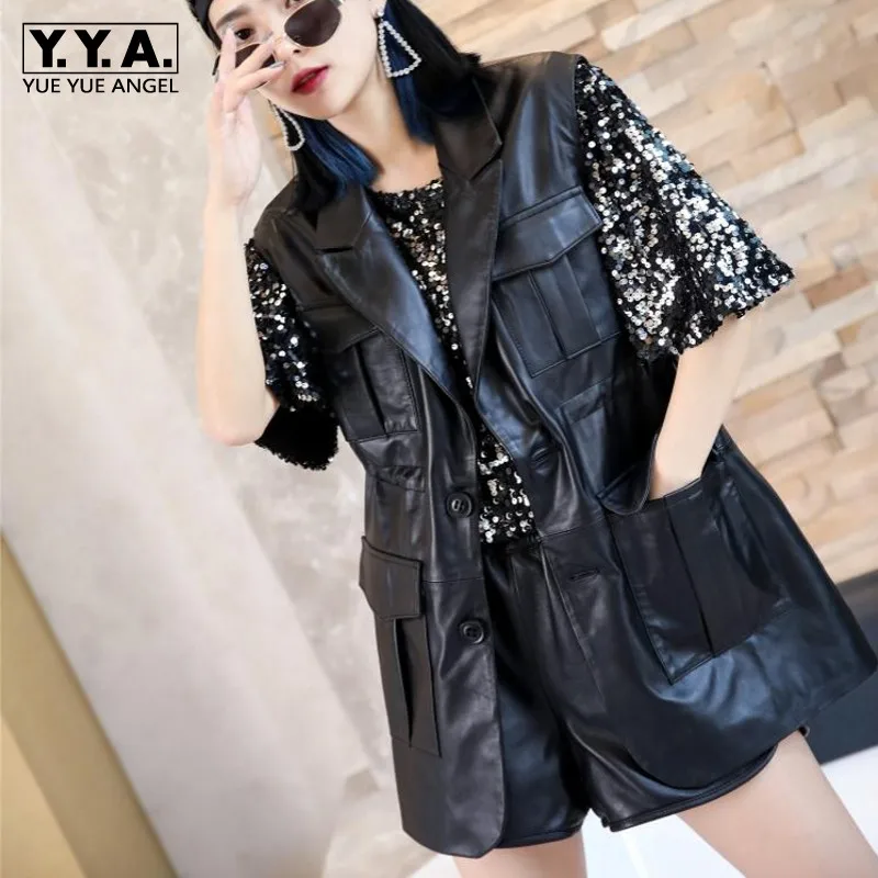 

Женский однобортный жилет из натуральной кожи, элегантный жакет без рукавов с отложным воротником и карманами в Корейском стиле, новинка 2021