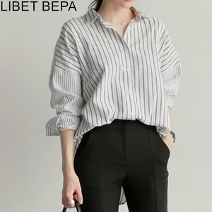 Женская блузка в полоску, Повседневная модная рубашка в Корейском стиле, Офисная свободная одежда, топы Tunika BL1637, осень-весна 2021