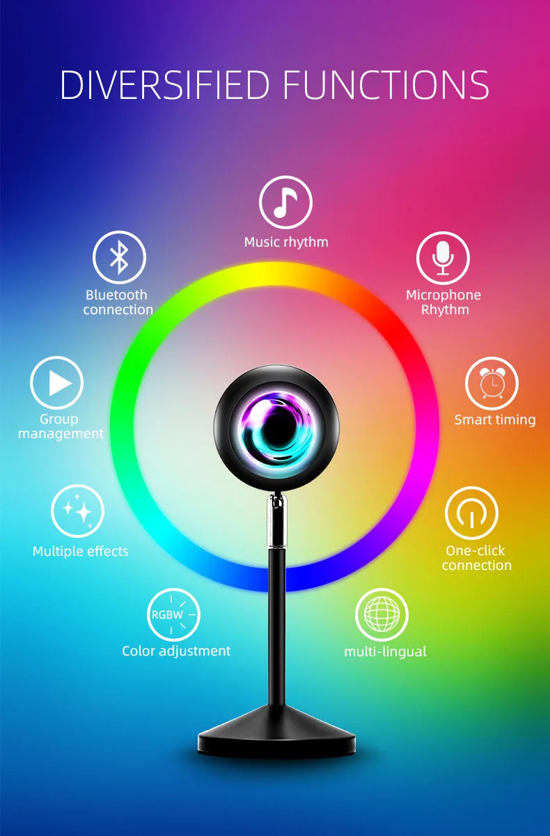 

APP/Remote Control Sunset Lamp Projector USB Rainbow Sunset Lamp Music RGB Colors Changing 180 Degree Rotation Projection Light