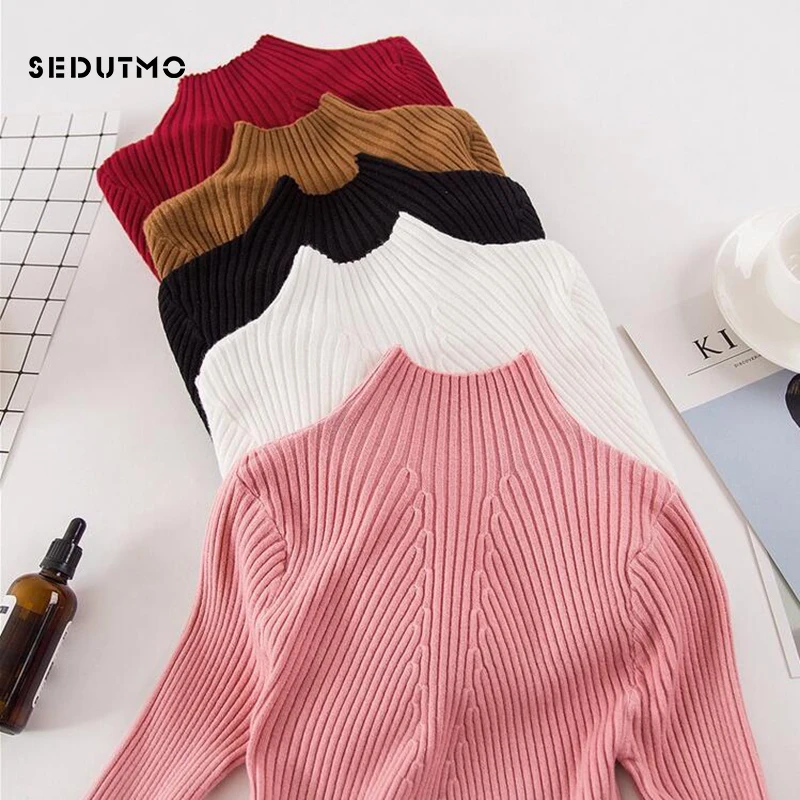 

SEDUTMO, Зимний вязаный свитер, женские пуловеры, тонкий весенний джемпер с высоким воротом, Повседневный свитер с длинным рукавом, стрейчевый ...