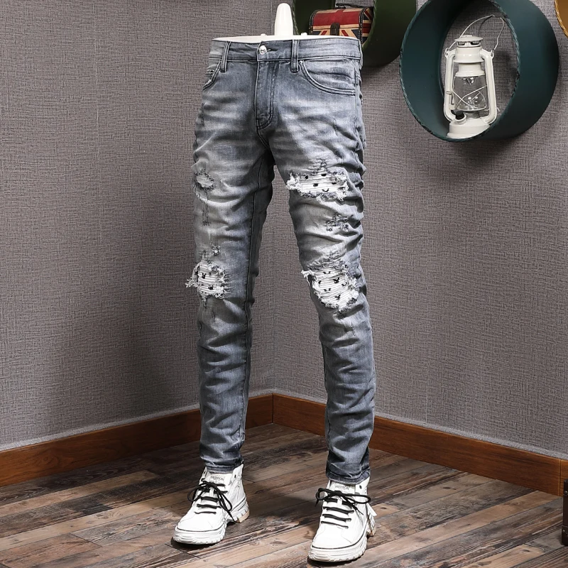 Street Style Fashion Men Jeans Retro Gray Blue Elastic Slim Fit Ripped Jeans Men Destroyed Patch Designer Hip Hop Denim Pants