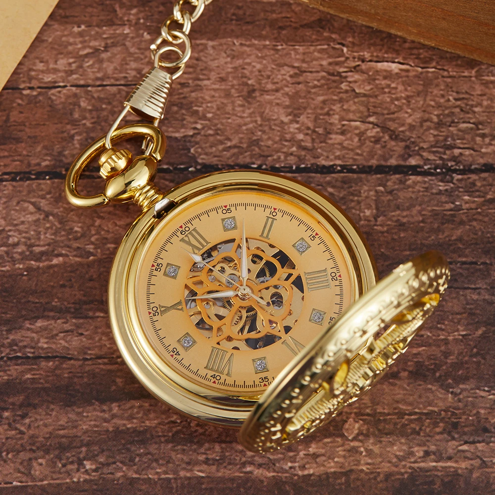 2022 Gold Phoenix Mechanical Pocket Watch Men Women Rose Hollow Steampunk Chain Double Clock Roman Dial Silver Necklace Pendant